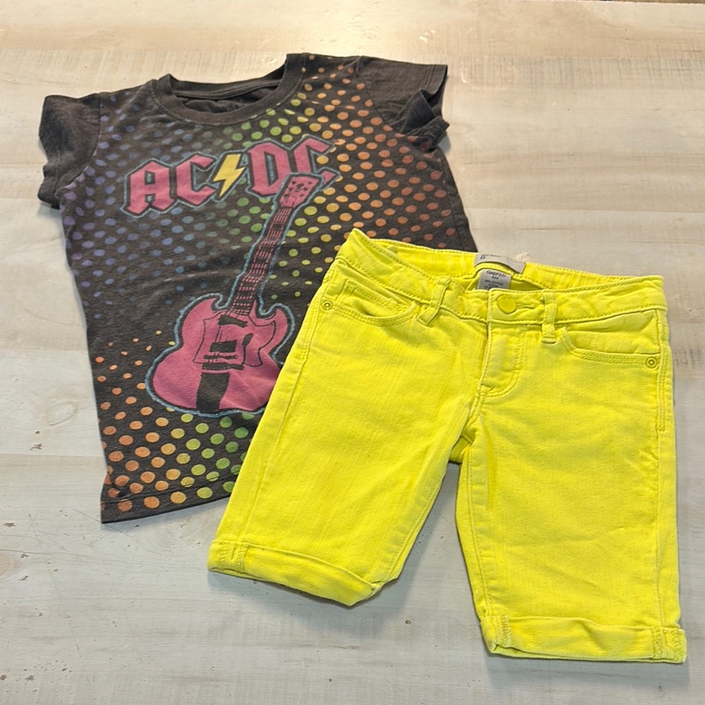 AC/DC Kids Graphic Tee - Black and Pink and bright yellow GapKids stretch shorts